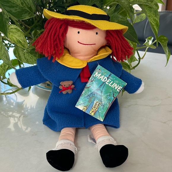 NWT 1990 Vintage Madeline Plush Doll with Blue Coat‎ and Yellow Hat / Bear Pin - Picture 1 of 6